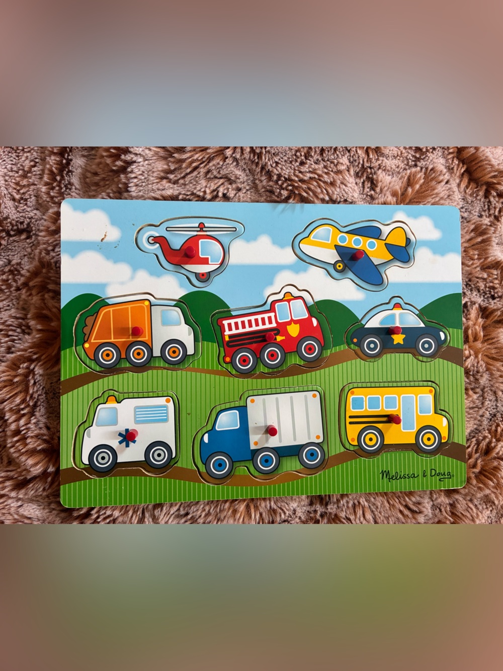 Melissa & Doug Wooden Vehicle Peg Puzzle - Red, Yellow, Blue, Green